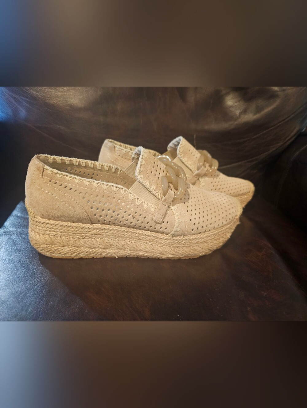 Dolce Vita Beige Perforated Suede Espadrille Platform with Resin Link